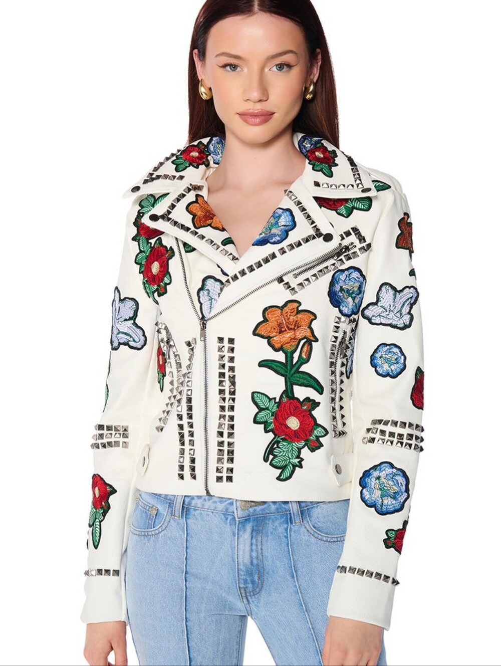 Akira Label Punk Rock Studded Patchwork Moto Jacket Floral White & Blue 2X